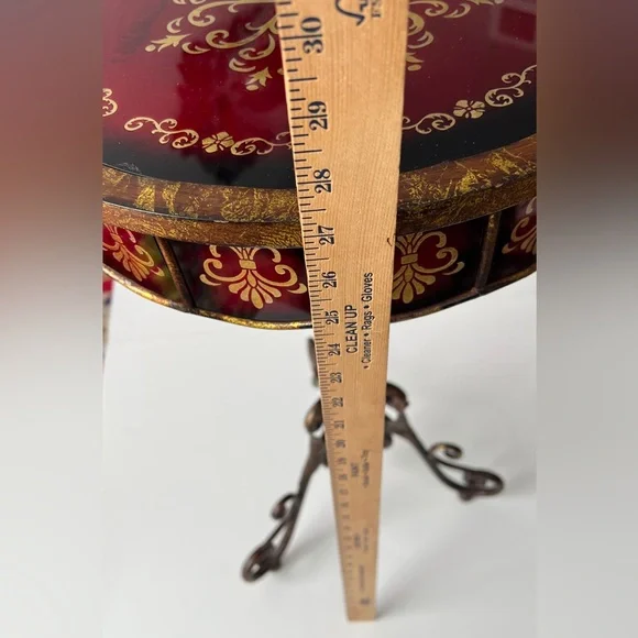 Gold &Red Italian Florentine Style Metal Round Pedestal Accent Table 16”x27”H